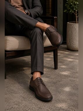 CALVEST Brown 360° Social Texture Leather Oxford Shoe Perforated Business Casual